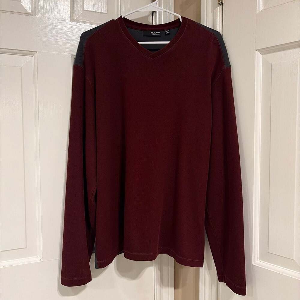 Murano Liquid Luxury Men's Maroon & Gray Long Sleeve V-Neck Pullover Shirt XL